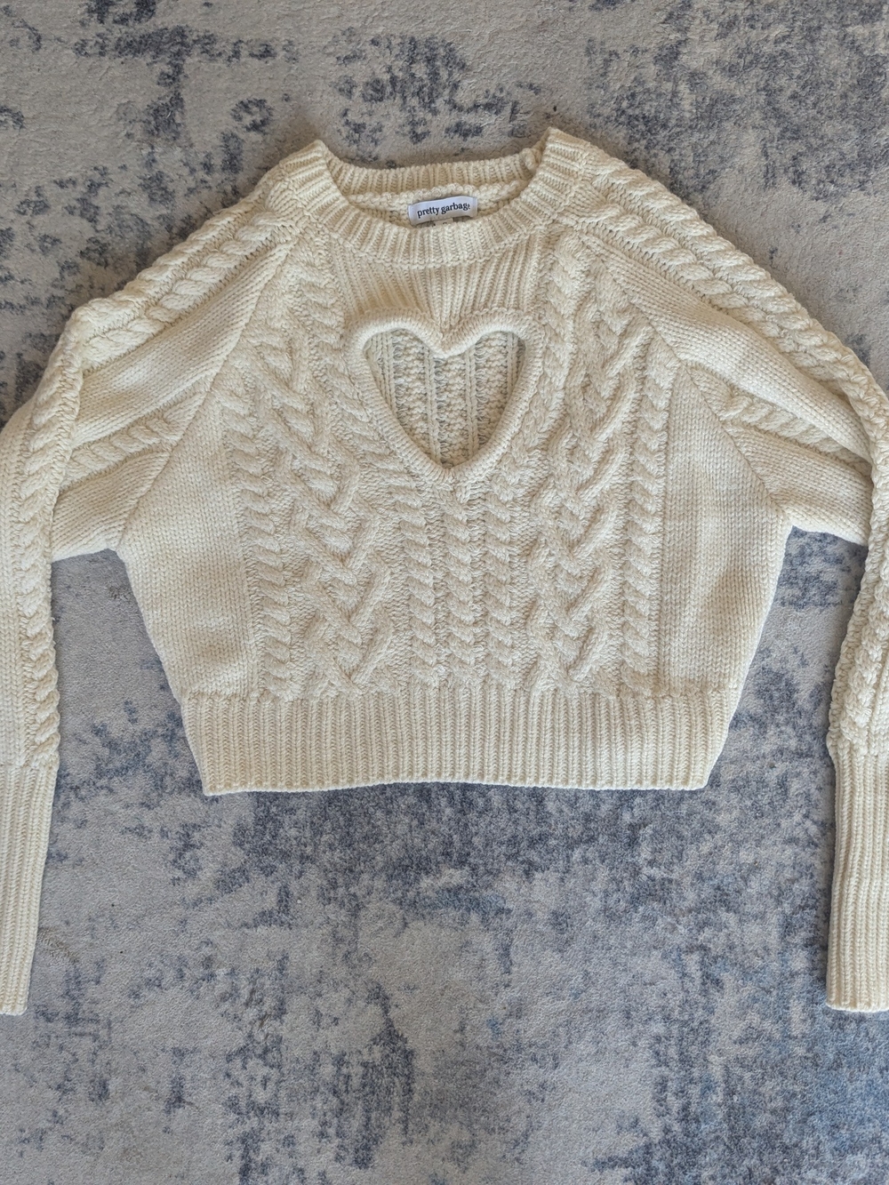 Pretty Garbage Cream Cable Knit Heart Cutout Crop Sweater - Picture 3 of 5